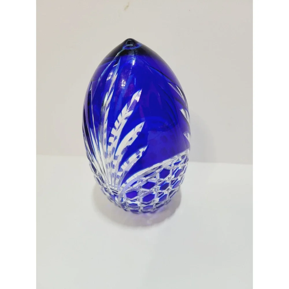 Vtg Bohemian Cobalt Blue Cut to Clear Crystal Egg Paperweight Art Glass 4.25